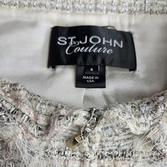 St. John Couture Blazer Skirt Suit Set Size 4 Tweed Beige With Pastel Woven - Picture 3 of 15
